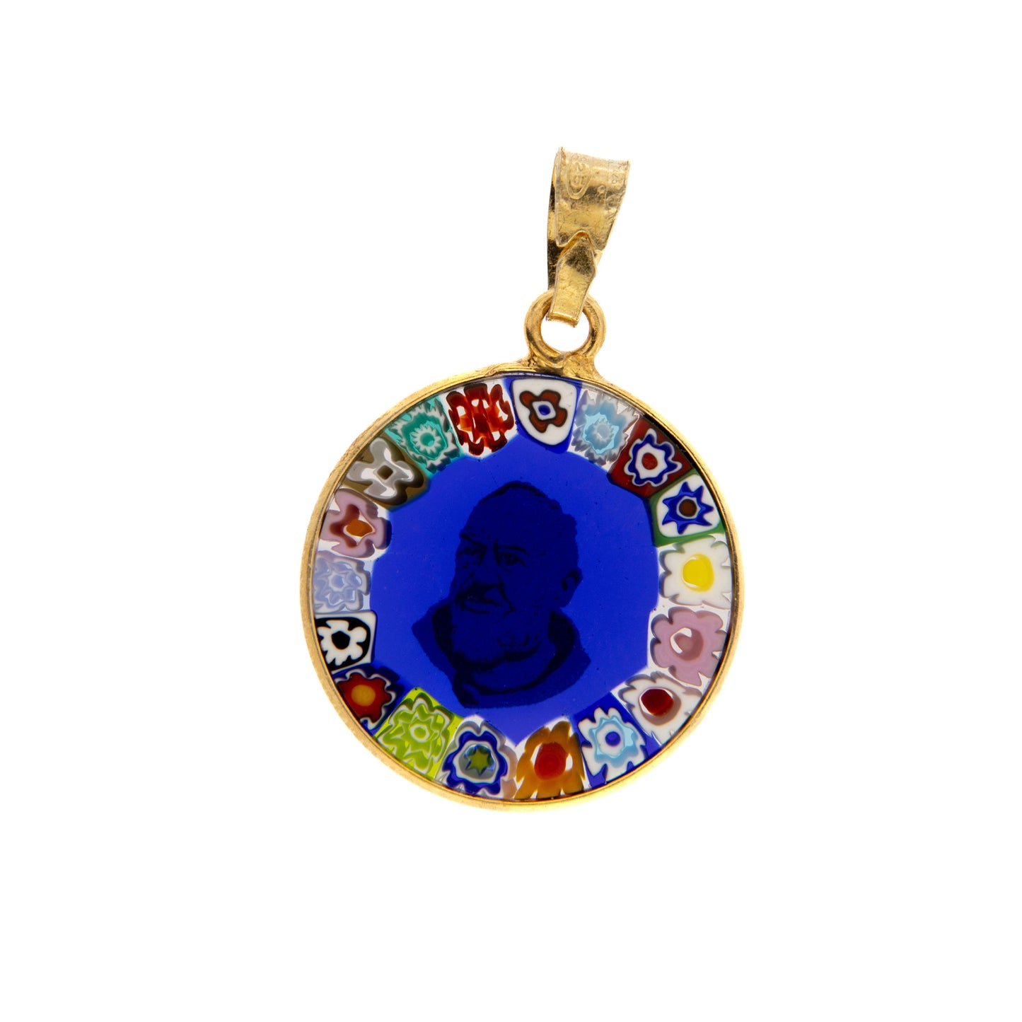 Ciondolo Murrina Padre Pio, argento 925 e vetro di Murano. Diametro 1,8 cm