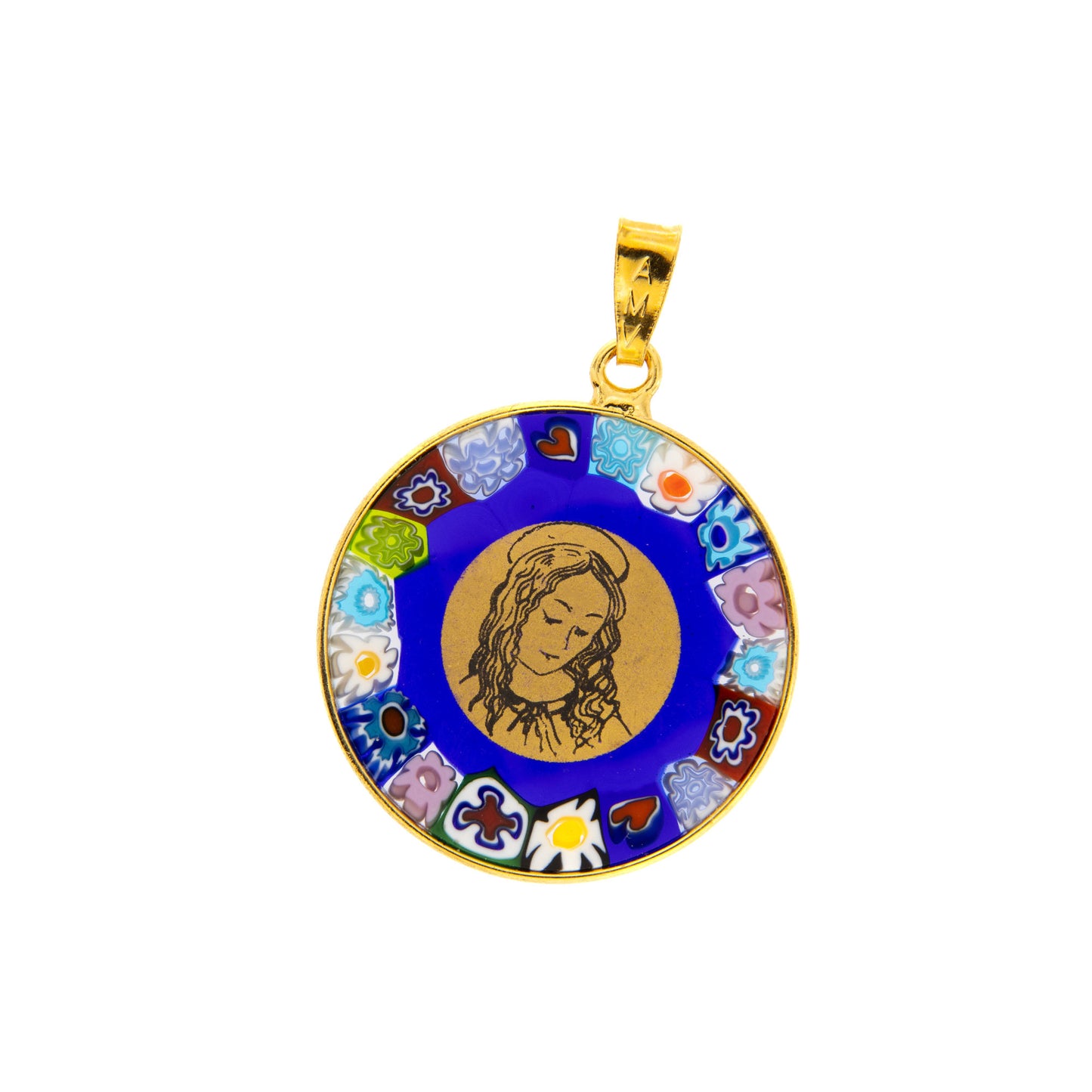 Ciondolo Murrina Madonna con bambino, argento 925 e vetro di Murano. Diametro 2,3 cm