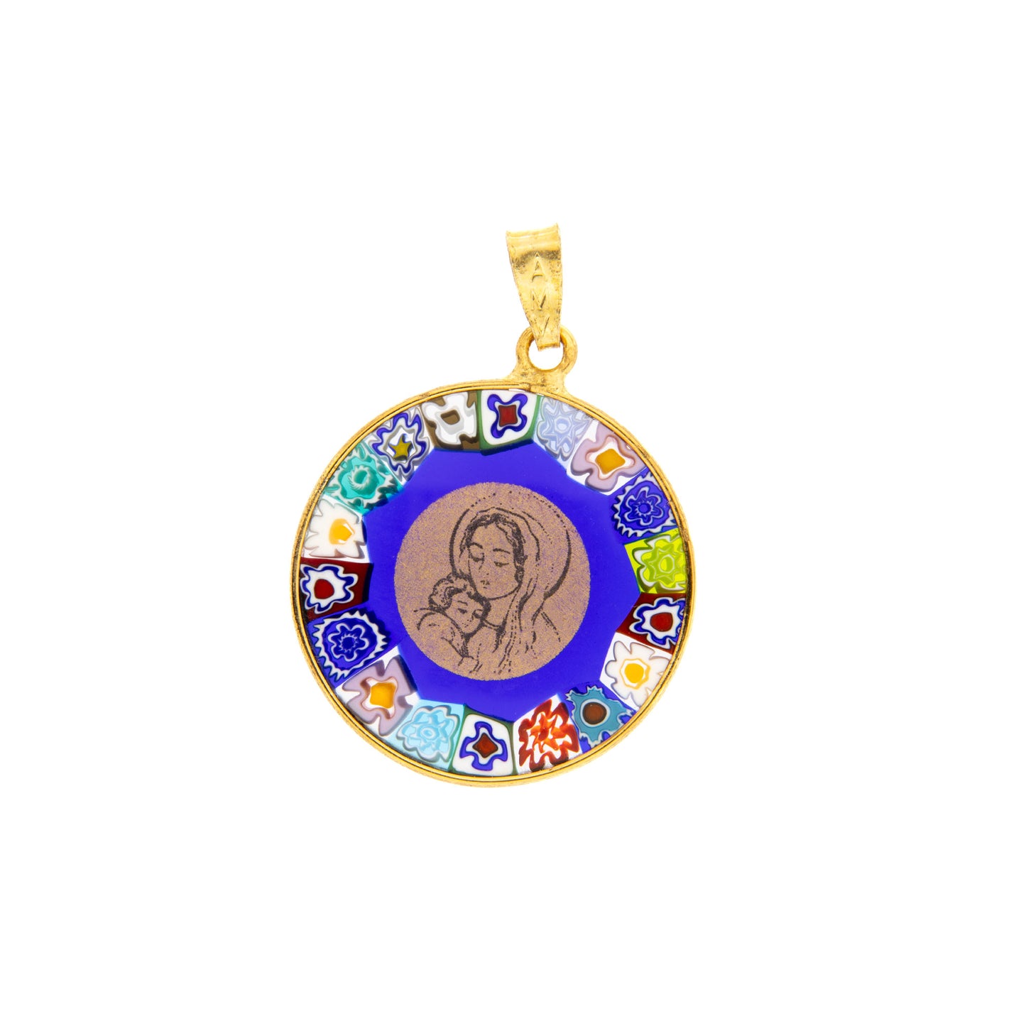Ciondolo Murrina Madonna con bambino, argento 925 e vetro di Murano. Diametro 2,3 cm