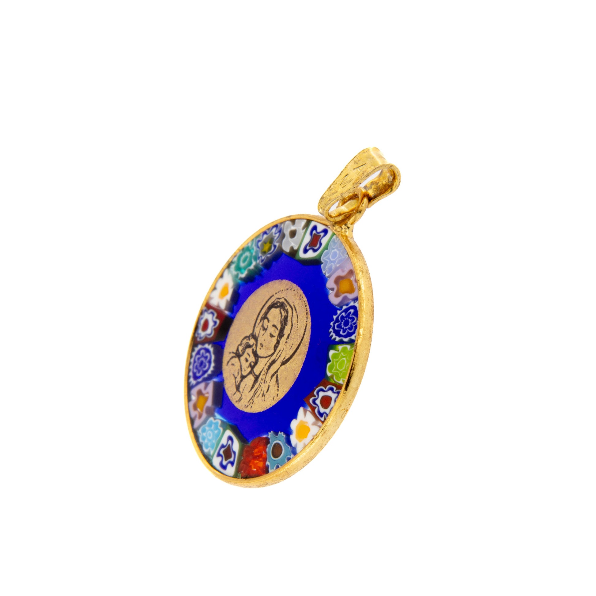 Ciondolo Murrina Madonna con bambino, argento 925 e vetro di Murano. Diametro 2,3 cm