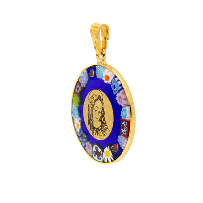 Ciondolo Murrina Madonna con bambino, argento 925 e vetro di Murano. Diametro 2,3 cm