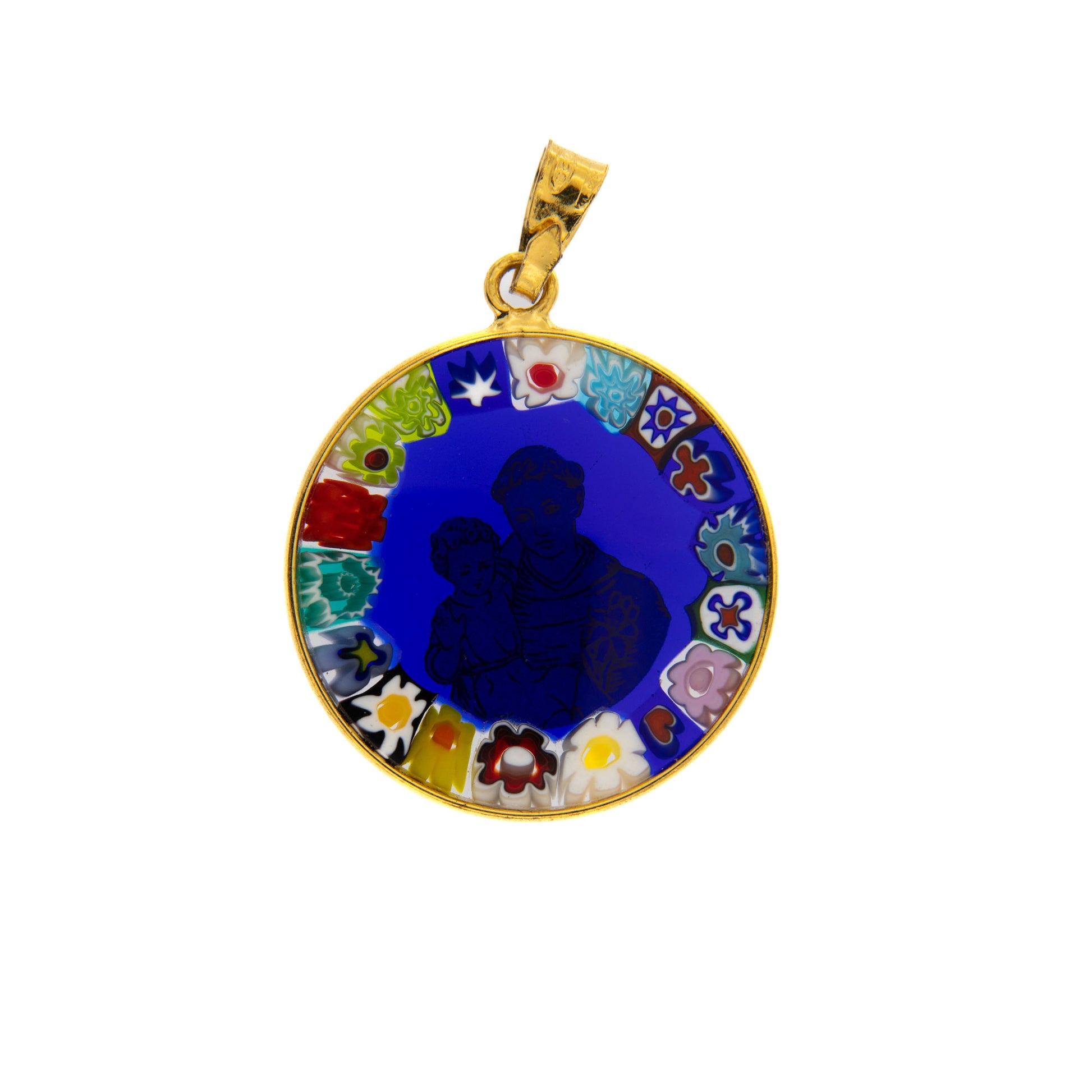 Ciondolo Murrina Sant'Antonio, argento 925 e vetro di Murano. Diametro 2,3 cm