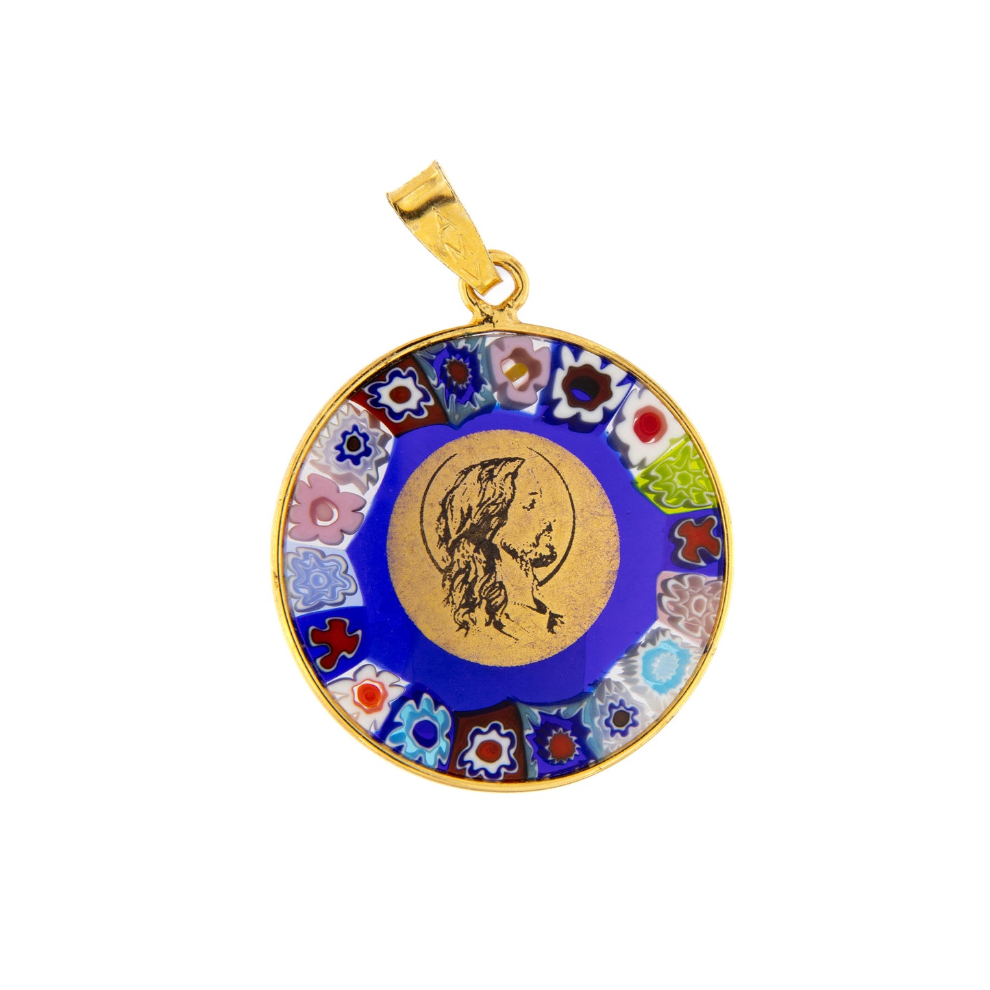 Ciondolo Murrina Cristo, argento 925 e vetro di Murano. Diametro 2,3 cm
