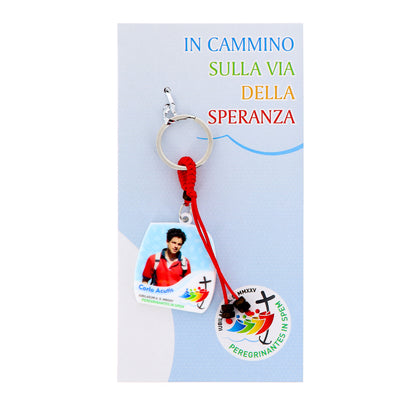 Portachiavi in polimero Carlo Acutis e logo ufficiale del Giubileo 2025. Altezza 10 cm