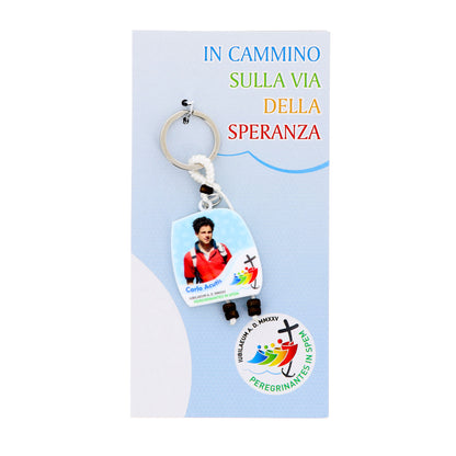 Portachiavi in polimero Carlo Acutis e logo ufficiale del Giubileo 2025. Altezza 10 cm