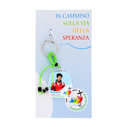 Portachiavi in polimero Carlo Acutis e logo ufficiale del Giubileo 2025. Altezza 10 cm