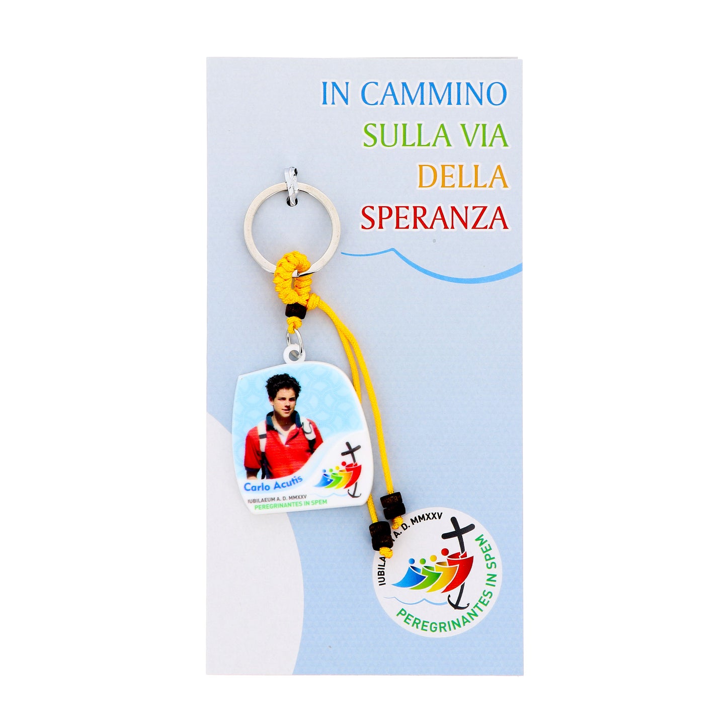 Portachiavi in polimero Carlo Acutis e logo ufficiale del Giubileo 2025. Altezza 10 cm