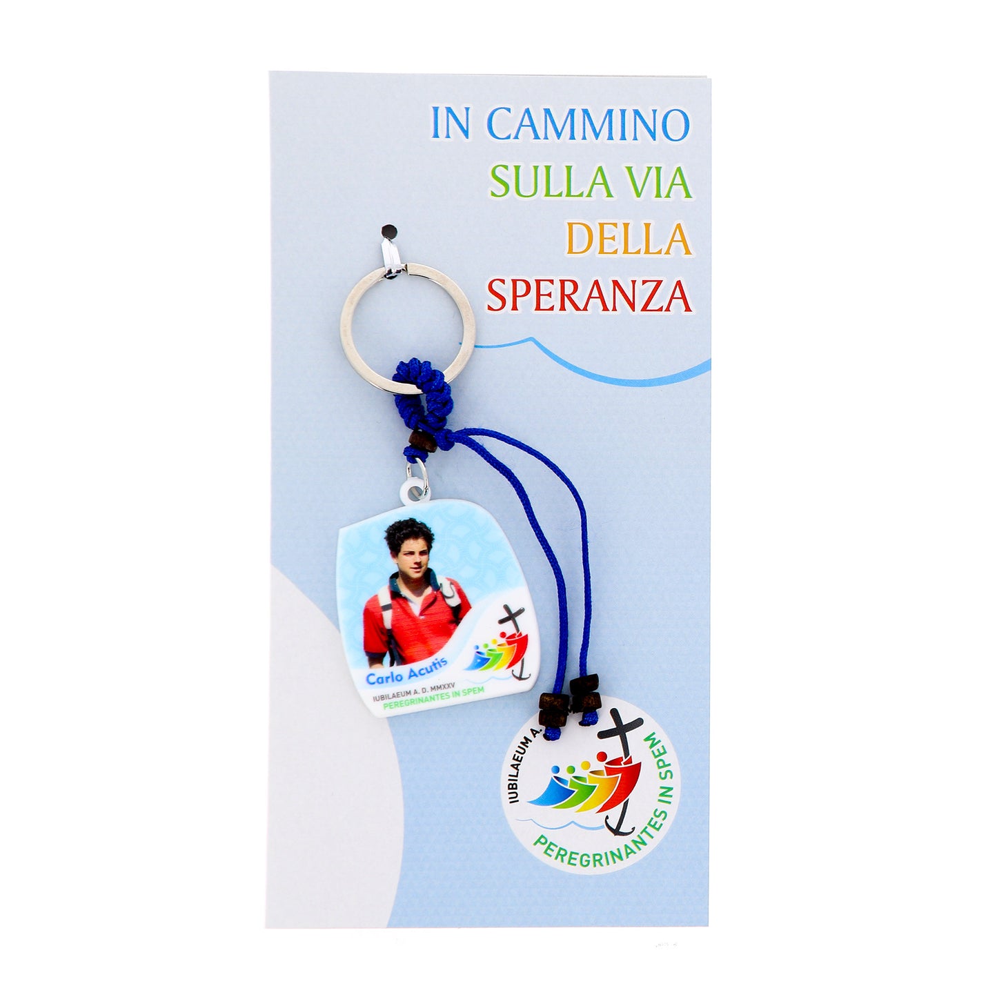 Portachiavi in polimero Carlo Acutis e logo ufficiale del Giubileo 2025. Altezza 10 cm