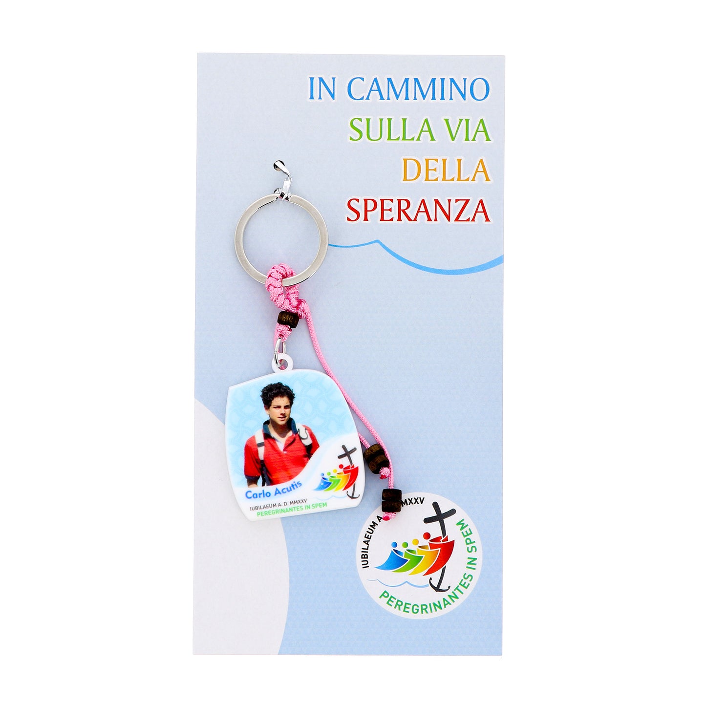 Portachiavi in polimero Carlo Acutis e logo ufficiale del Giubileo 2025. Altezza 10 cm