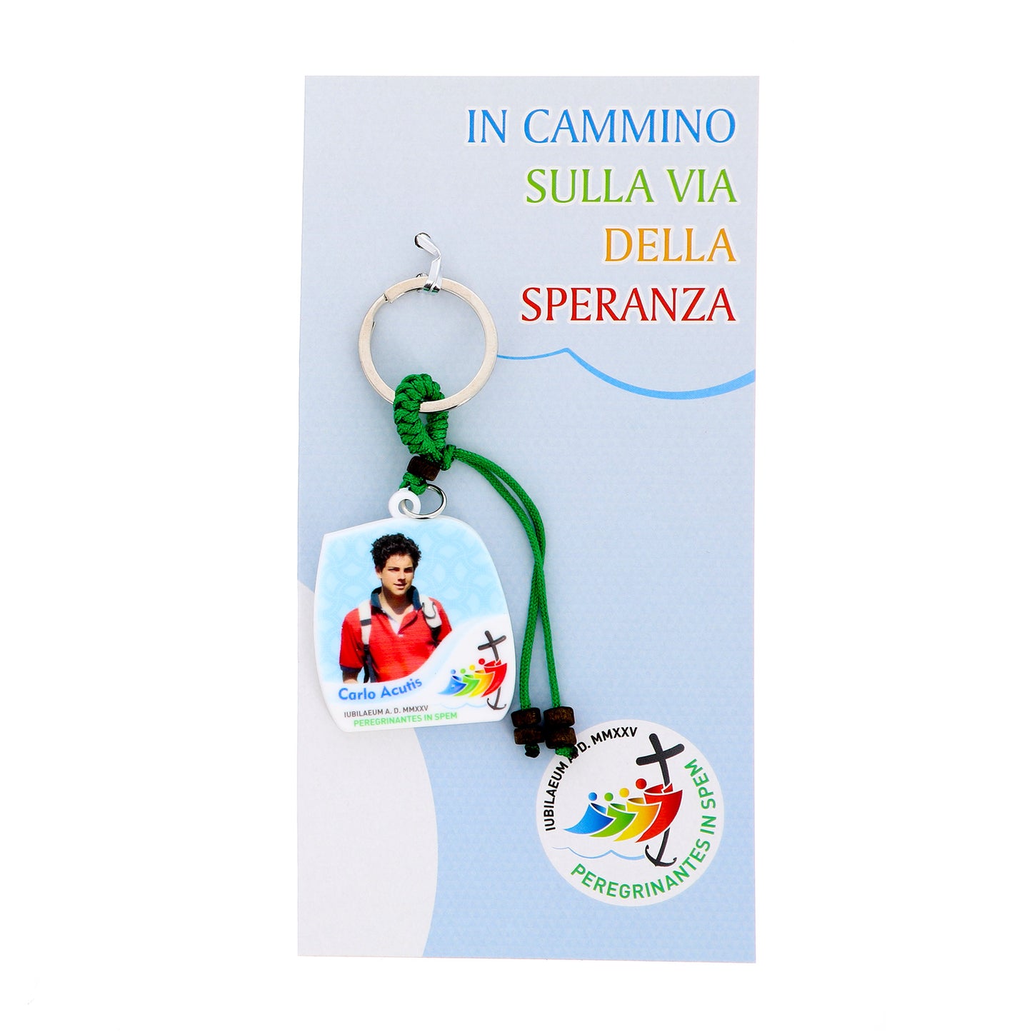 Portachiavi in polimero Carlo Acutis e logo ufficiale del Giubileo 2025. Altezza 10 cm