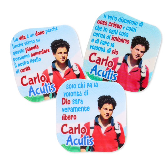Magnete in polimero con immagine e frase Carlo Acutis. Dimensioni 6x6 cm