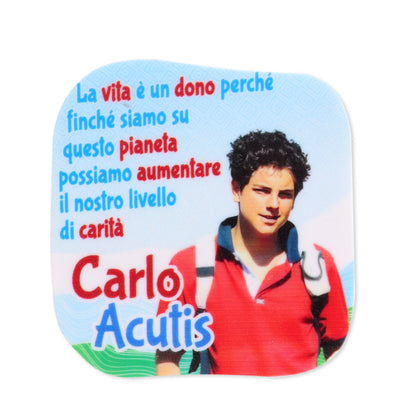 Magnete in polimero con immagine e frase Carlo Acutis. Dimensioni 6x6 cm