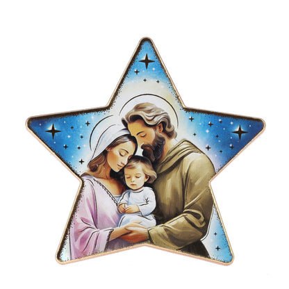 Quadretto Natività sagomato stella, stampa oro a caldo. Altezza 10 cm