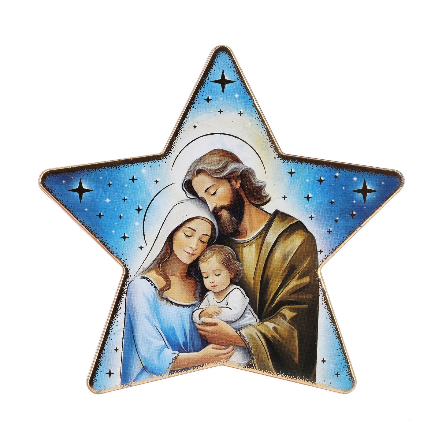 Quadretto Natività sagomato stella, stampa oro a caldo. Altezza 10 cm