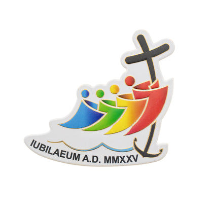 Magnete sagomato con logo Giubileo 2025. Dimensioni 6x7 cm