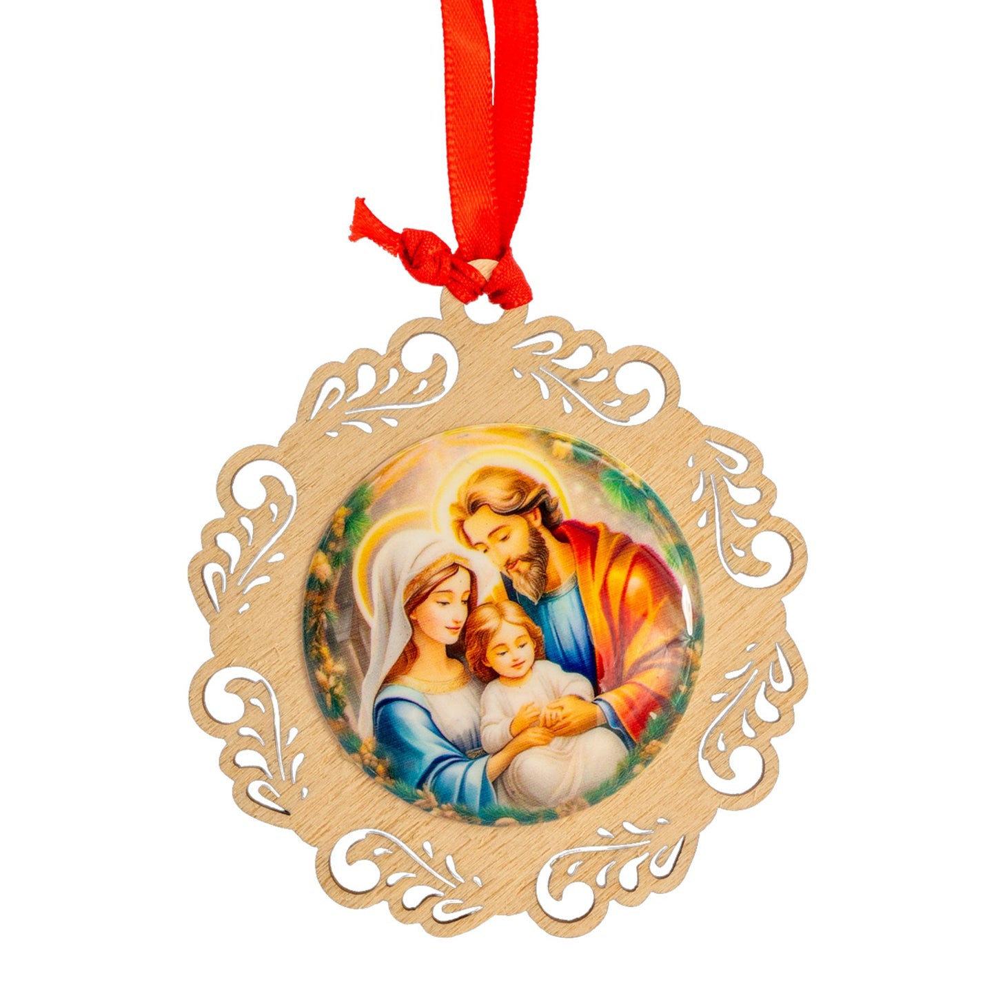 Addobbo Natalizio in legno con scatola in metallo. Diametro 11 cm