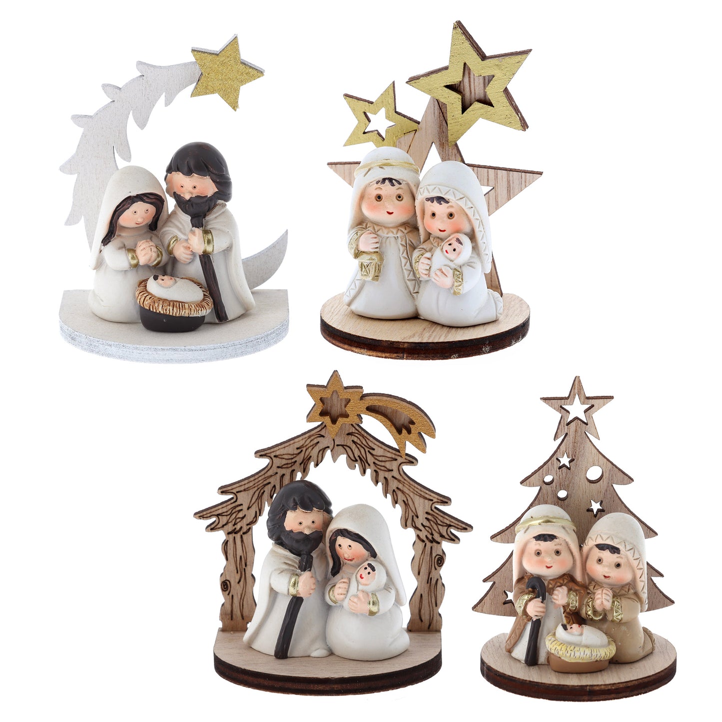 Presepe con Sacra Famiglia in resina su supporto in legno sagomato. Altezza 8 cm