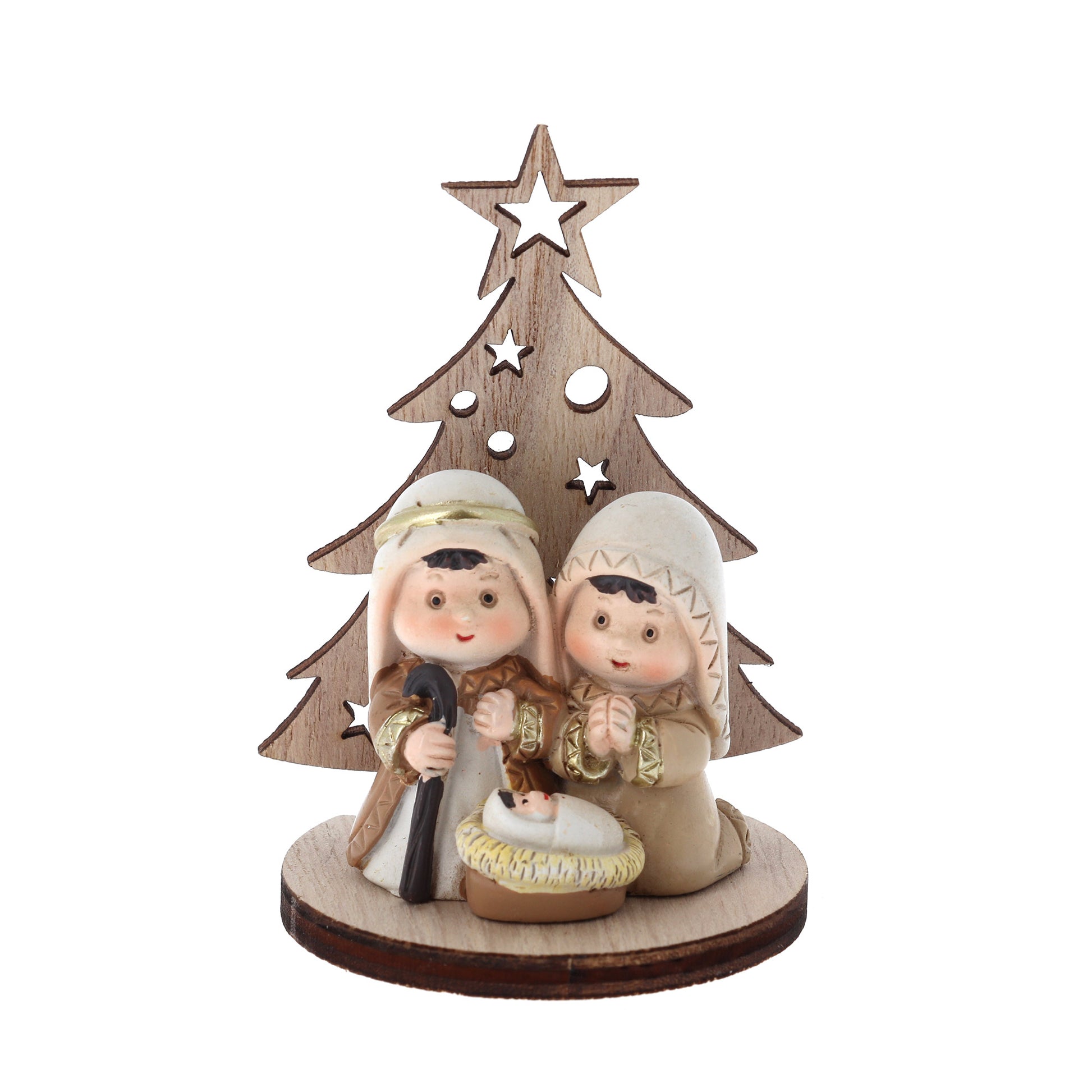 Presepe con Sacra Famiglia in resina su supporto in legno sagomato. Altezza 8 cm
