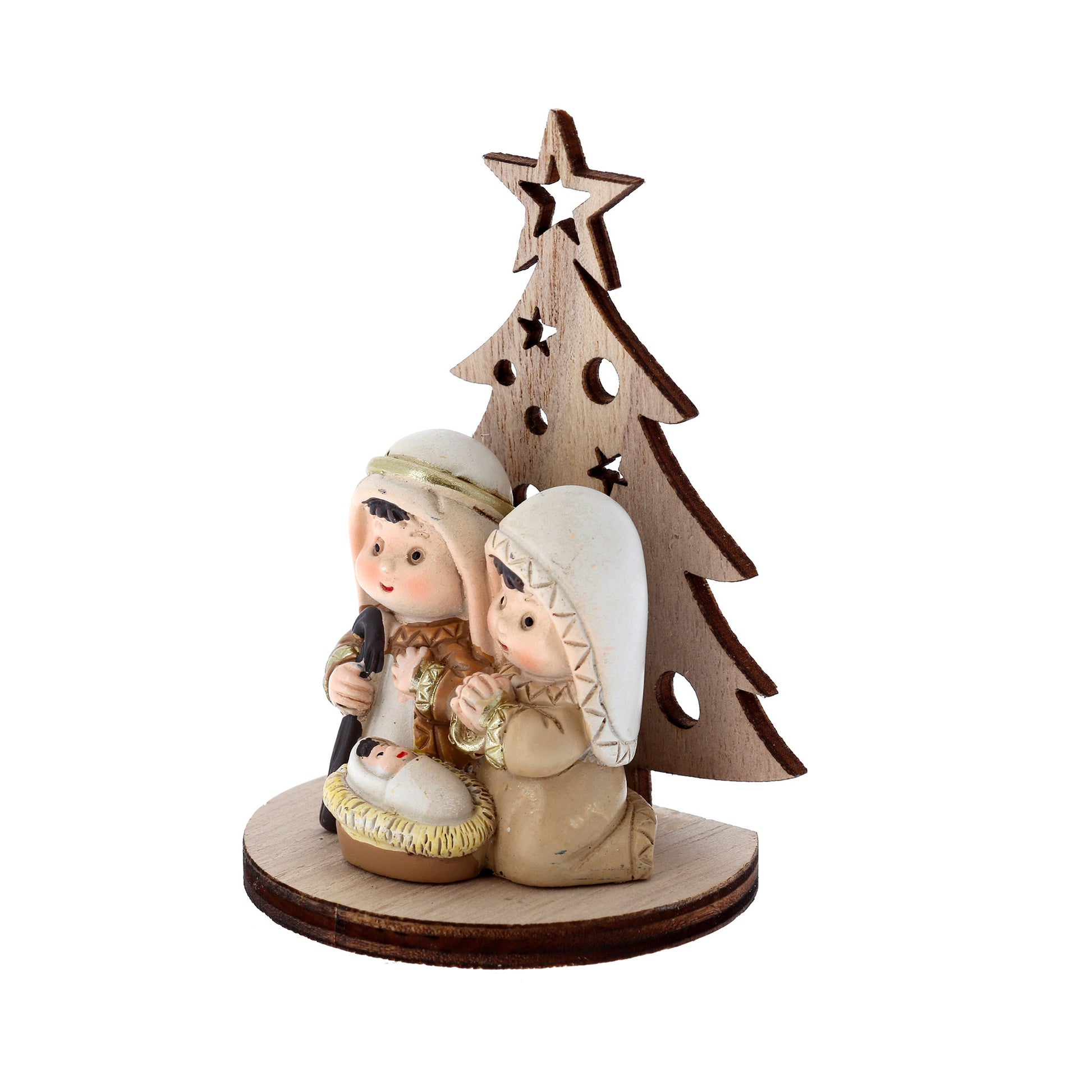 Presepe con Sacra Famiglia in resina su supporto in legno sagomato. Altezza 8 cm