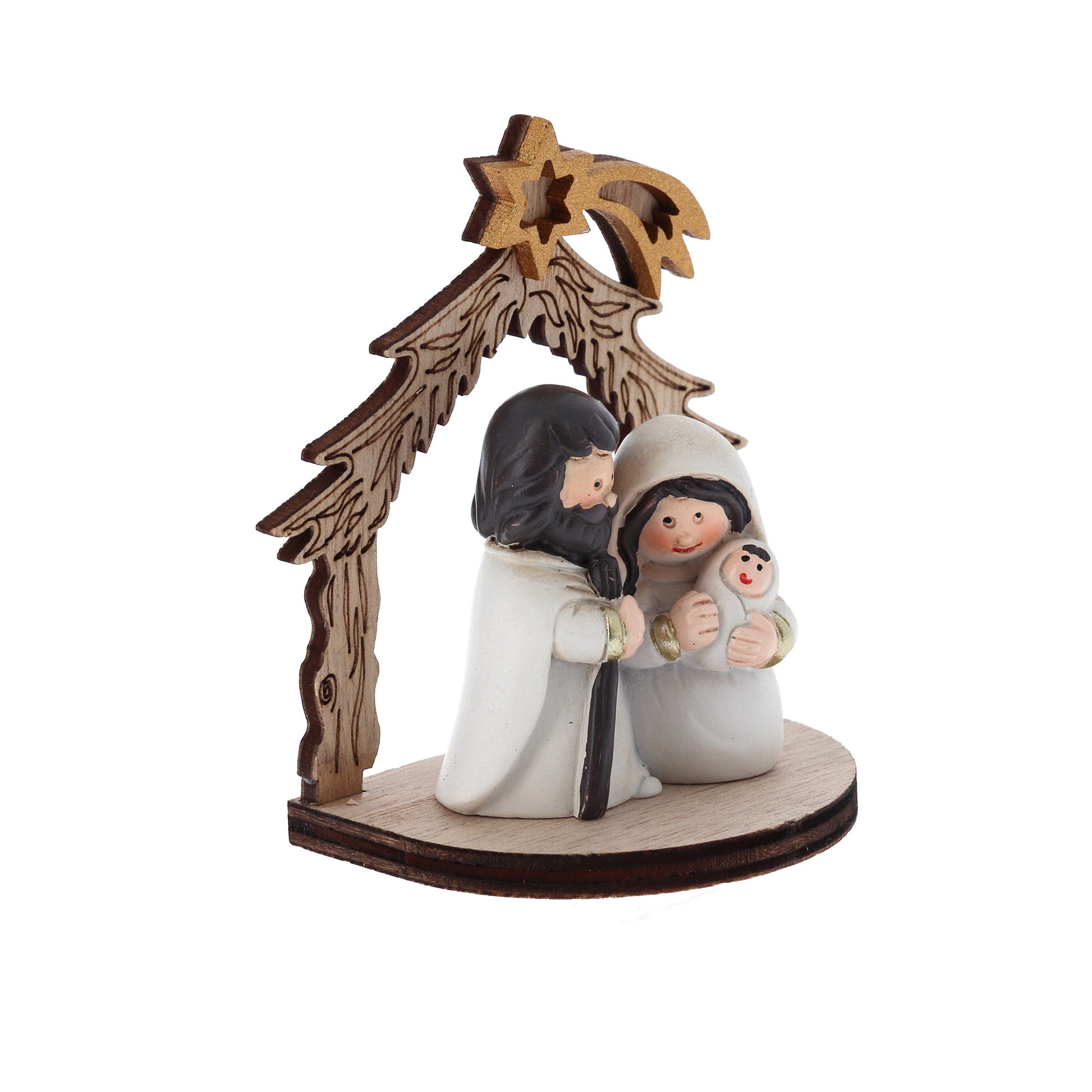Presepe con Sacra Famiglia in resina su supporto in legno sagomato. Altezza 8 cm