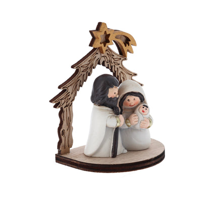 Presepe con Sacra Famiglia in resina su supporto in legno sagomato. Altezza 8 cm