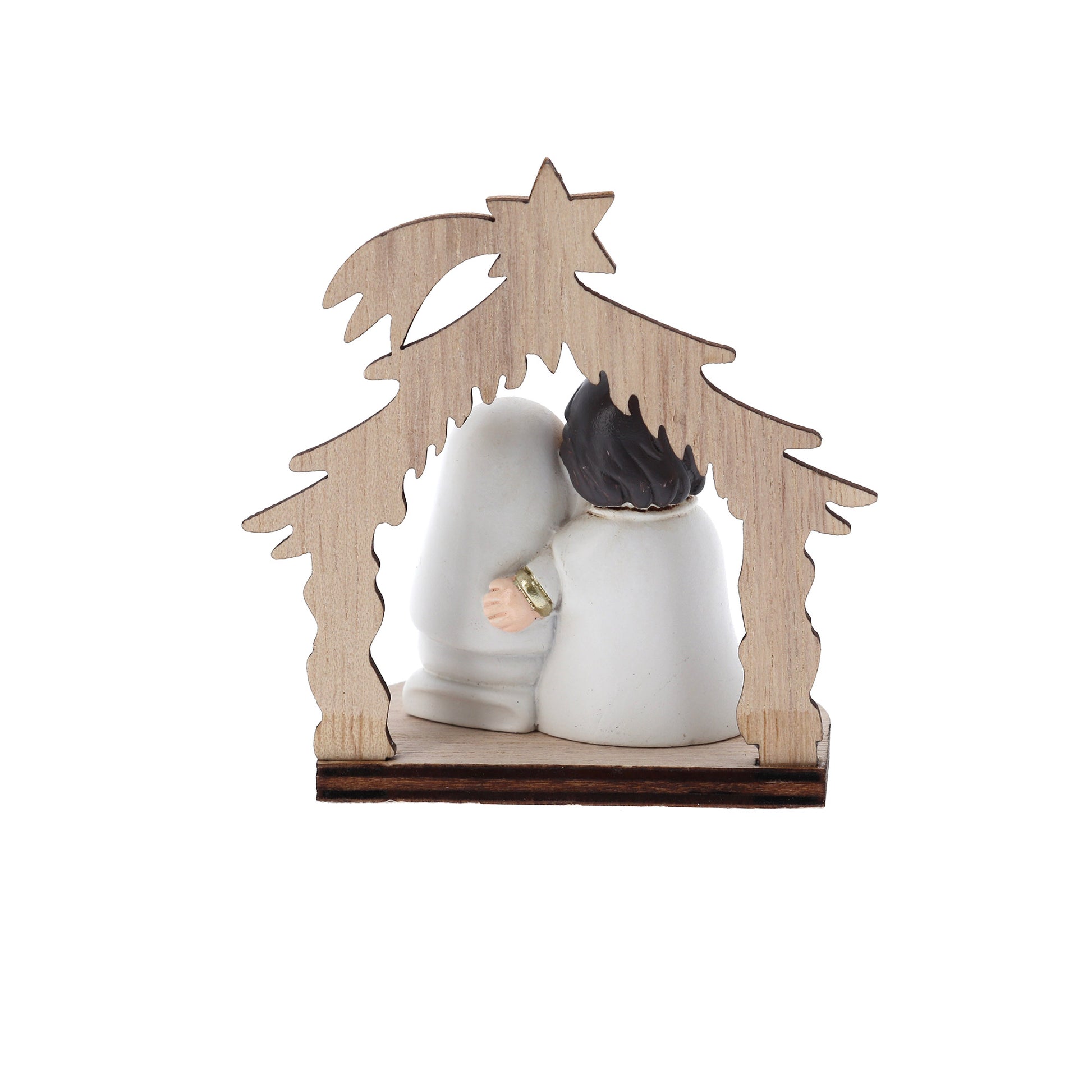 Presepe con Sacra Famiglia in resina su supporto in legno sagomato. Altezza 8 cm
