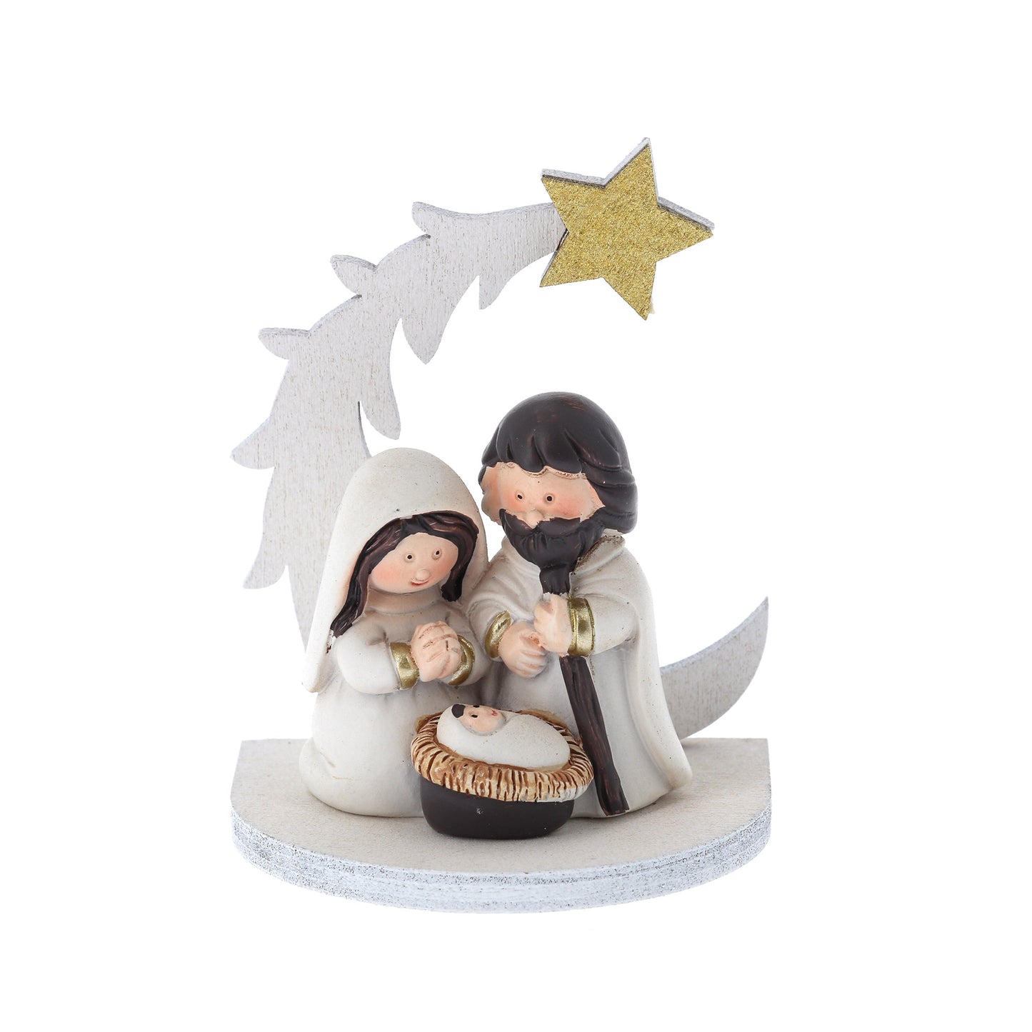 Presepe con Sacra Famiglia in resina su supporto in legno sagomato. Altezza 8 cm