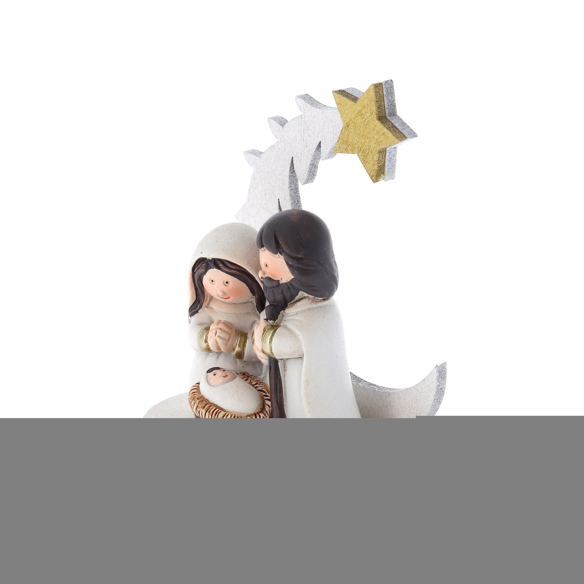 Presepe con Sacra Famiglia in resina su supporto in legno sagomato. Altezza 8 cm