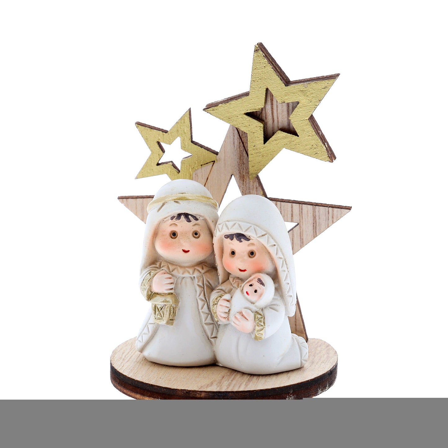 Presepe con Sacra Famiglia in resina su supporto in legno sagomato. Altezza 8 cm