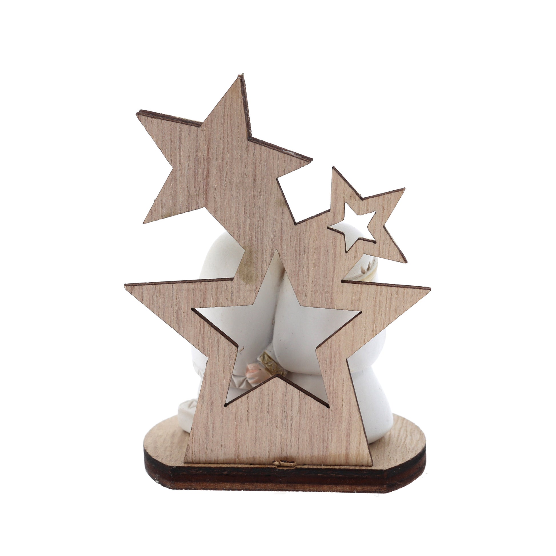 Presepe con Sacra Famiglia in resina su supporto in legno sagomato. Altezza 8 cm