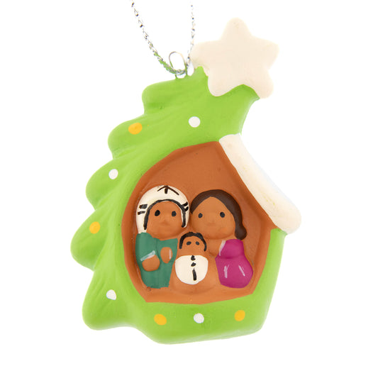 Presepe piccolo con alberello in colori assortiti. Dimensioni 5x3,5 cm