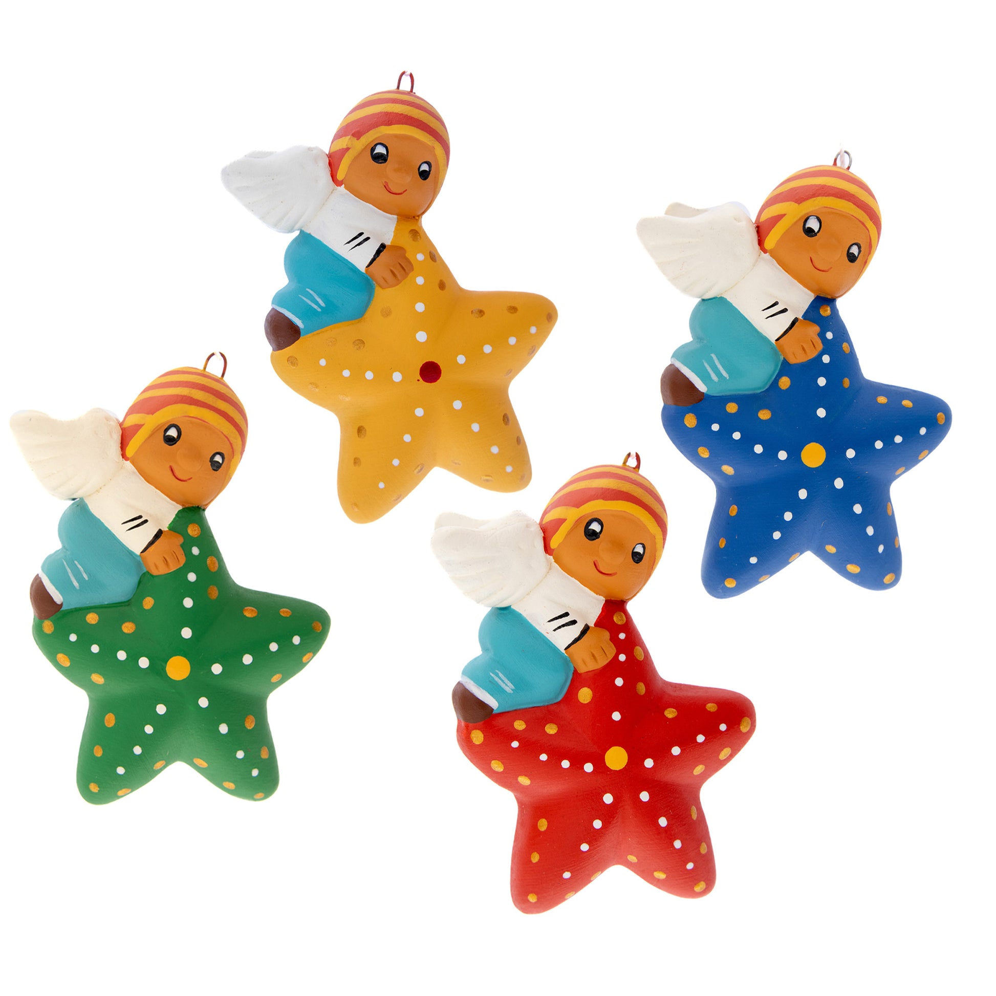 Angelo su stella in colori assortiti. Dimensioni 7,5x5,5 cm