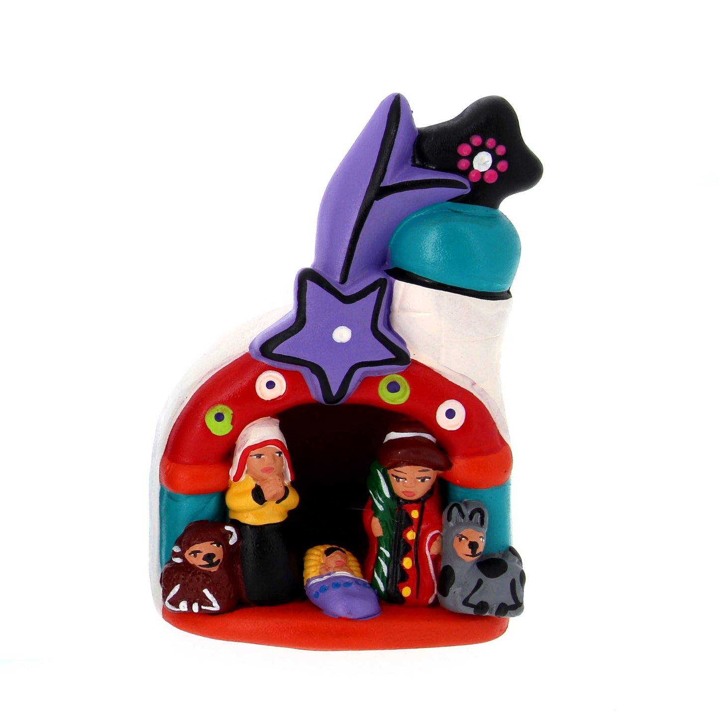 Presepe su chiesa con stella in colori assortiti. Dimensioni: 6,8x10,2 cm