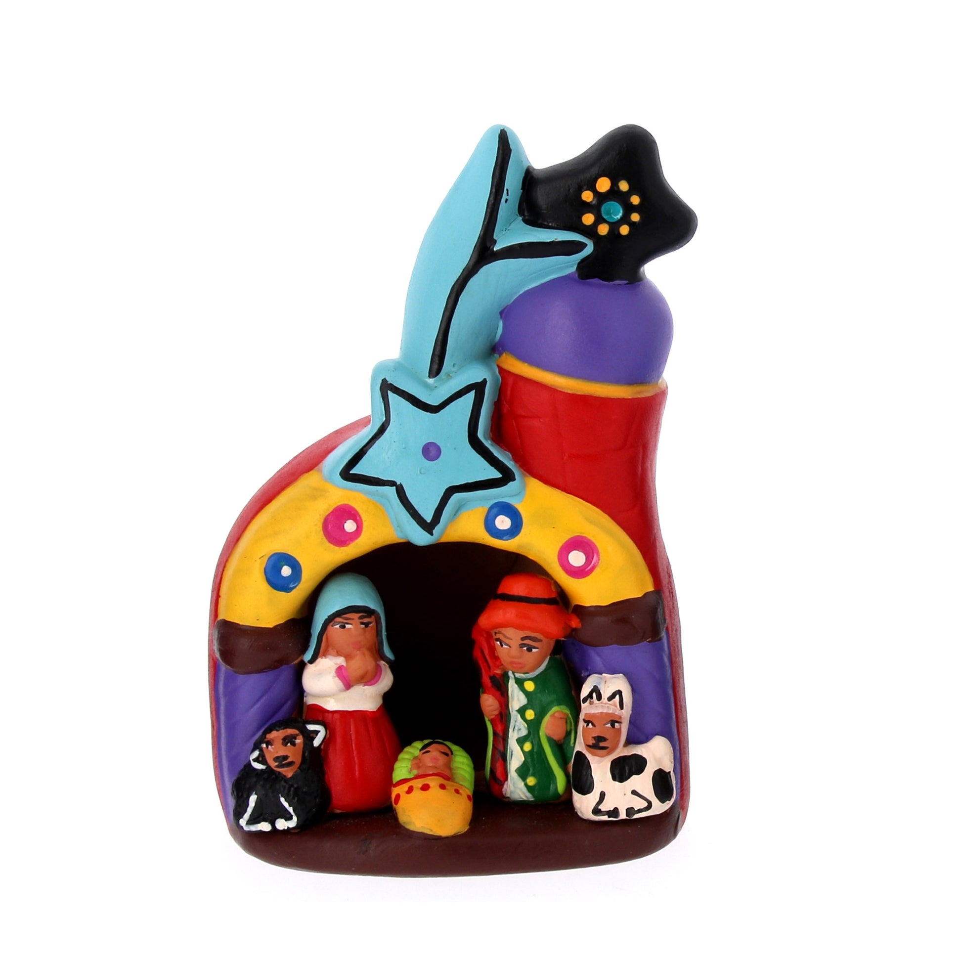 Presepe su chiesa con stella in colori assortiti. Dimensioni: 6,8x10,2 cm