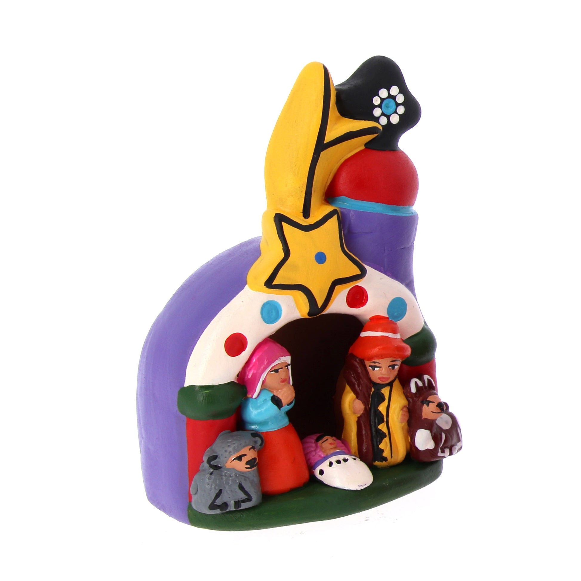 Presepe su chiesa con stella in colori assortiti. Dimensioni: 6,8x10,2 cm