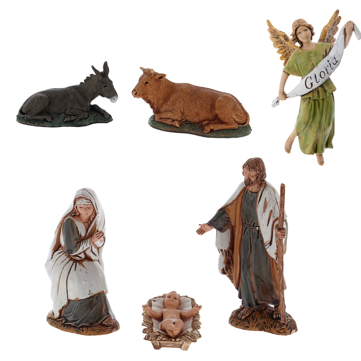 Confezione set presepe Natività composto da 6 pezzi, in plastica. Altezza 10 cm
