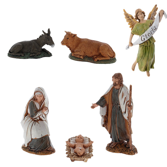 Confezione set presepe Natività composto da 6 pezzi, in plastica. Altezza 10 cm