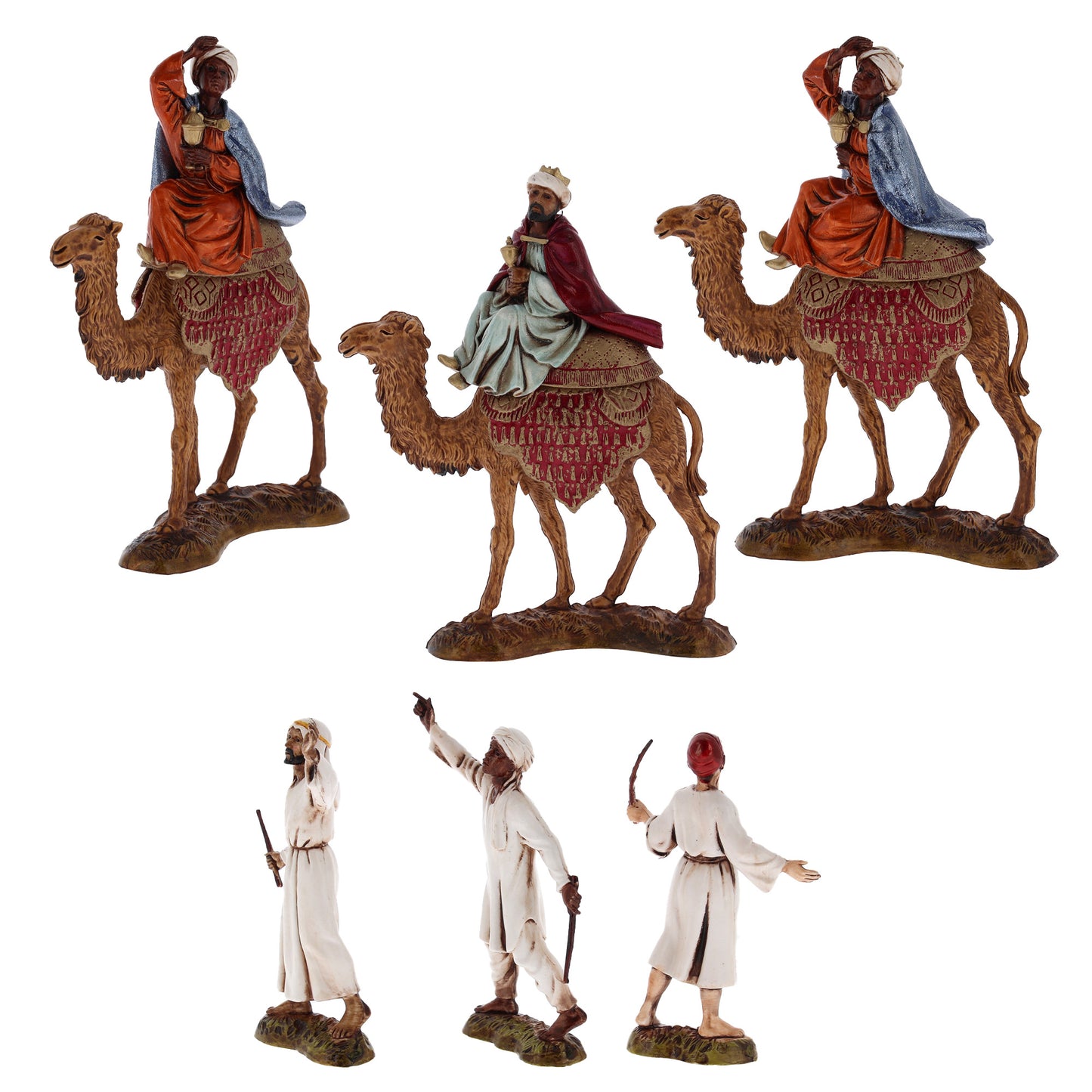 Confezione Re Magi su cammello da 6 pezzi, in plastica. Altezza 10 cm