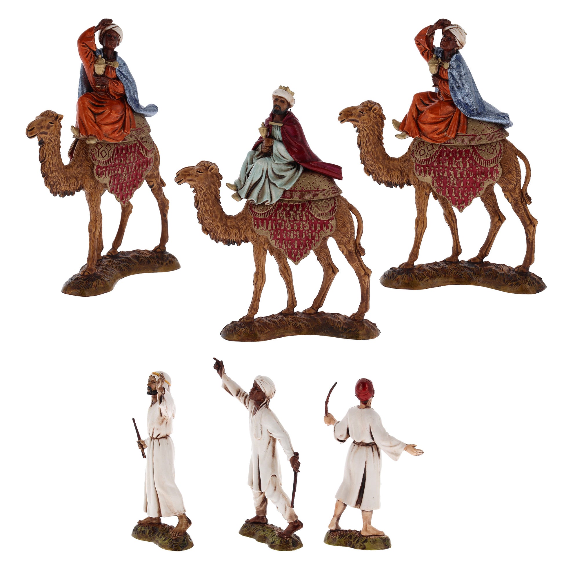 Confezione Re Magi su cammello da 6 pezzi, in plastica. Altezza 10 cm
