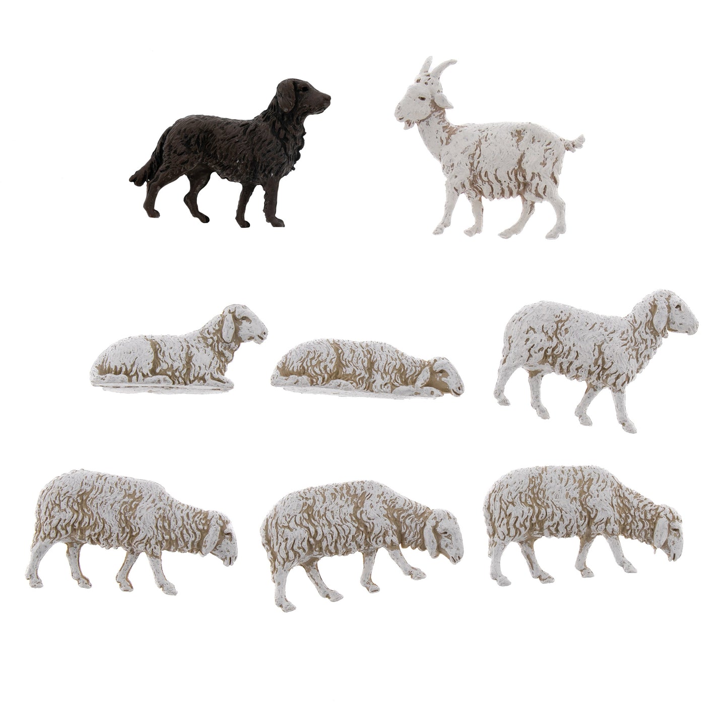 Confezione pecore, capra e cane pastore, in plastica. 8 pezzi. Altezza 4 cm