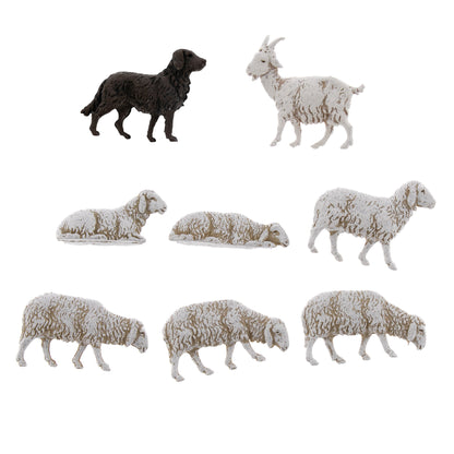 Confezione pecore, capra e cane pastore, in plastica. 8 pezzi. Altezza 4 cm