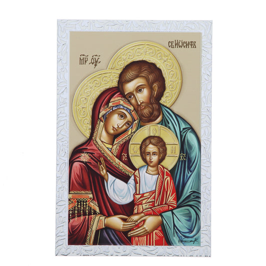 Quadro Icona Sacra Famiglia in legno con cornice e dettagli in foglia oro e argento. Dimensioni 11,5x17,5 cm
