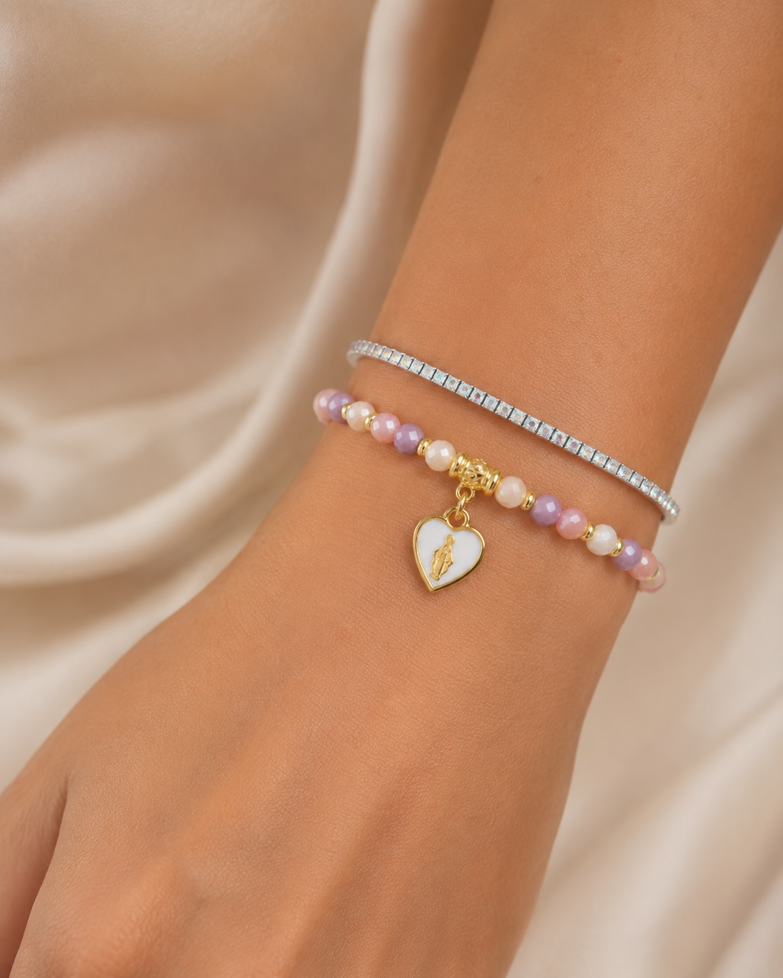 Bracciale Devozionale Doppio Filo Rosa con Miracolosa