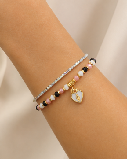 Bracciale Devozionale Doppio Filo Dorato Rosa e Nero con Miracolosa