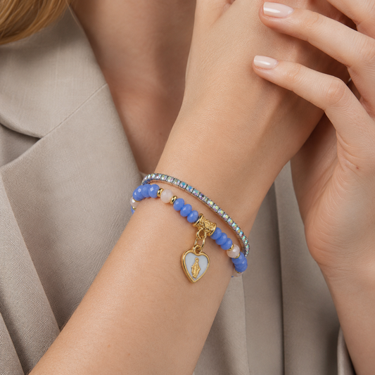 Bracciale Devozionale Dorato Doppio Filo Azzurro con Miracolosa