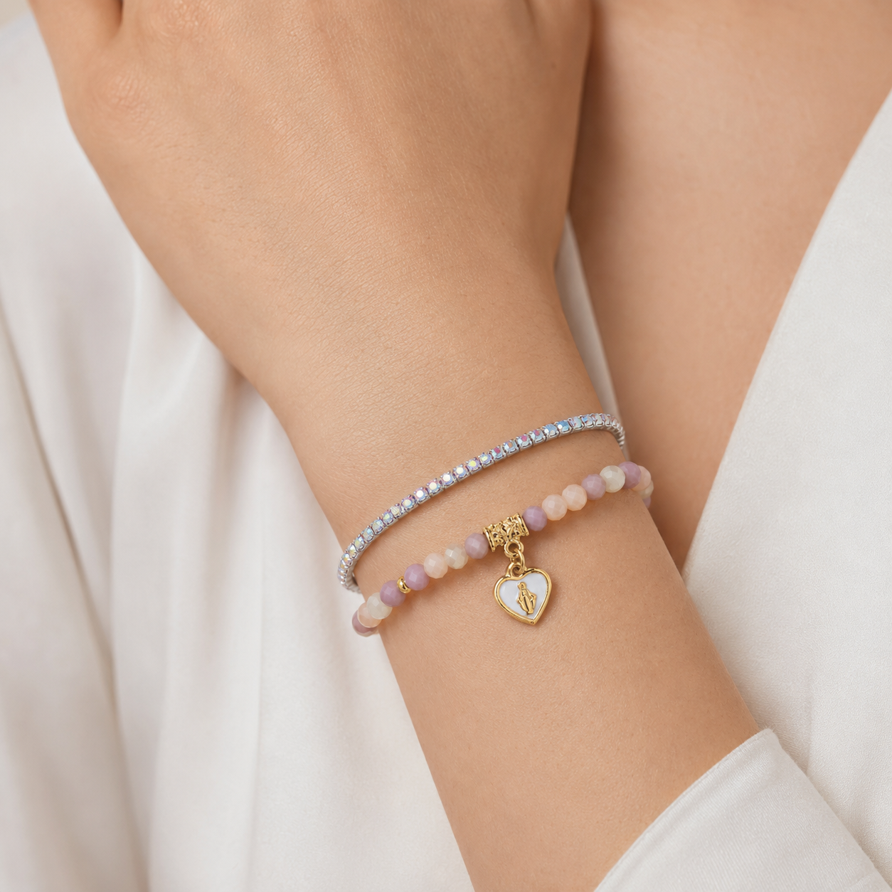 Bracciale Devozionale Dorato Doppio Filo Rosa Antico con Miracolosa
