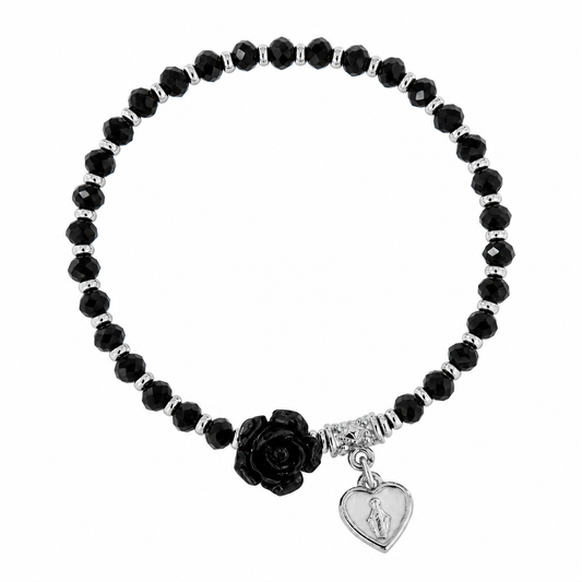 Bracciale Devozionale nero con rosa e cuore Medaglia Miracolosa