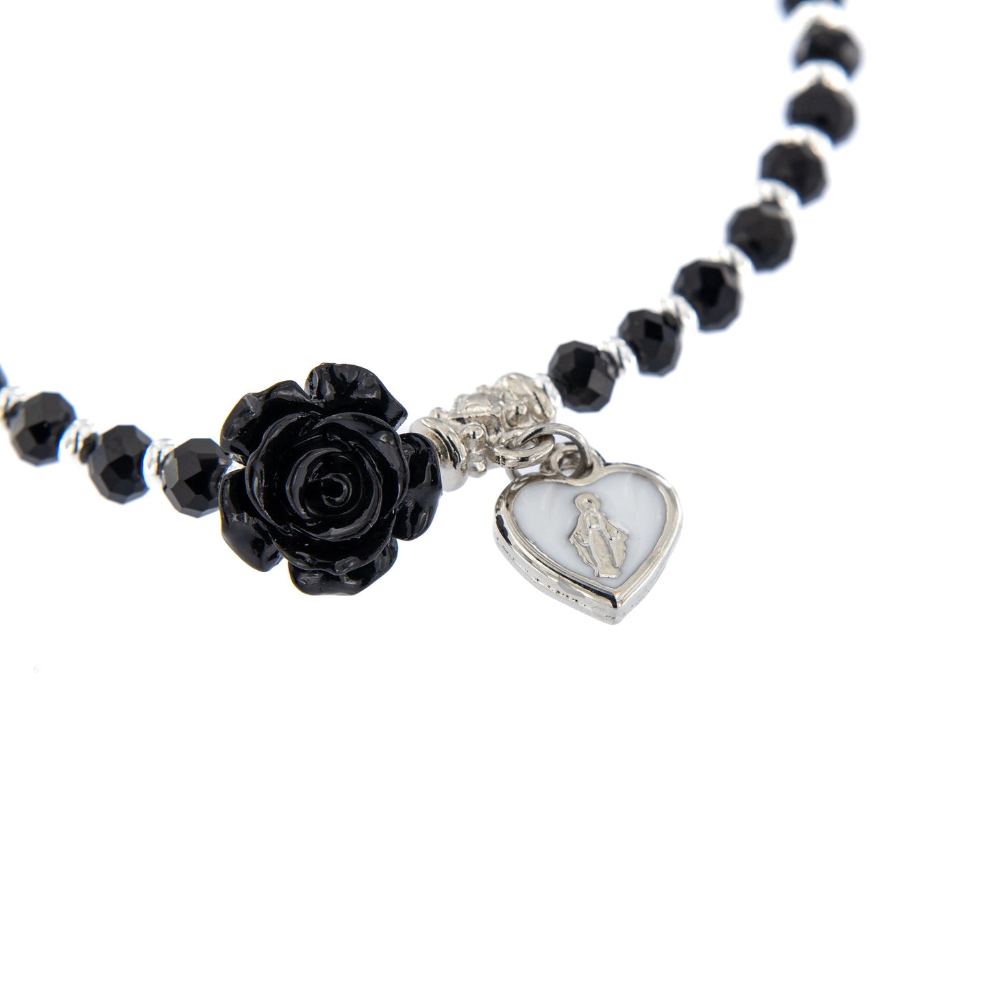Bracciale Devozionale nero con rosa e cuore Medaglia Miracolosa