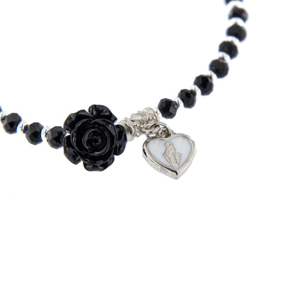 Bracciale Devozionale nero con rosa e cuore Medaglia Miracolosa