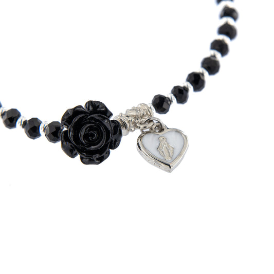 Bracciale Devozionale nero con rosa e cuore Medaglia Miracolosa